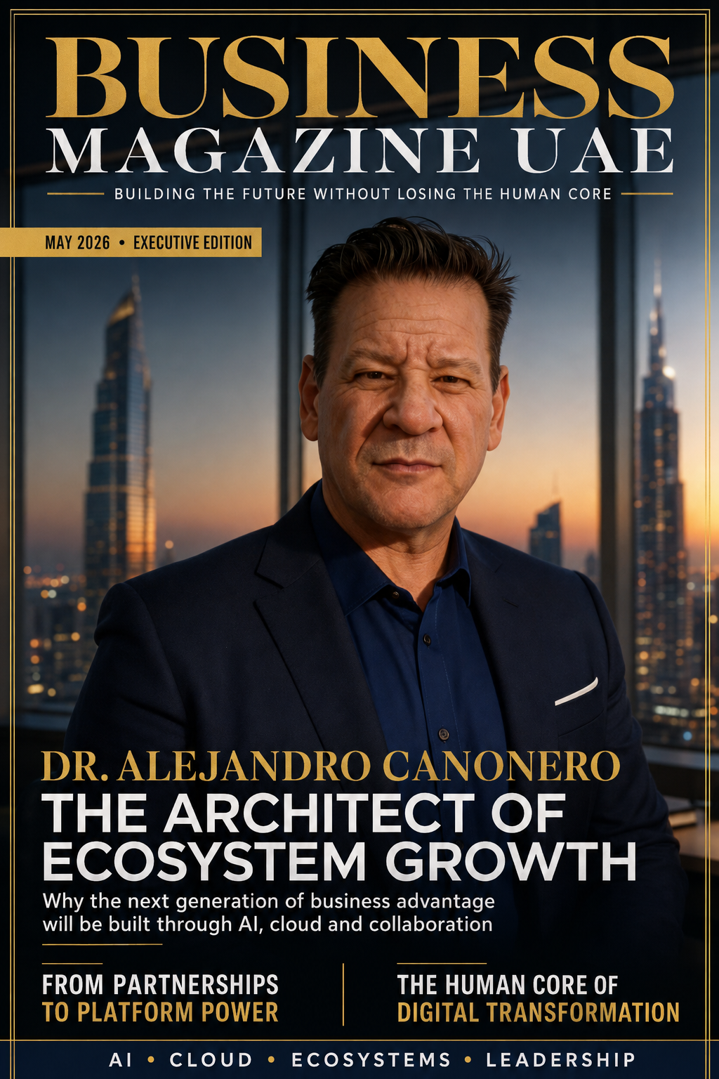 Editorial cover treatment for the Business Magazine UAE feature with Dr. Alejandro Canonero